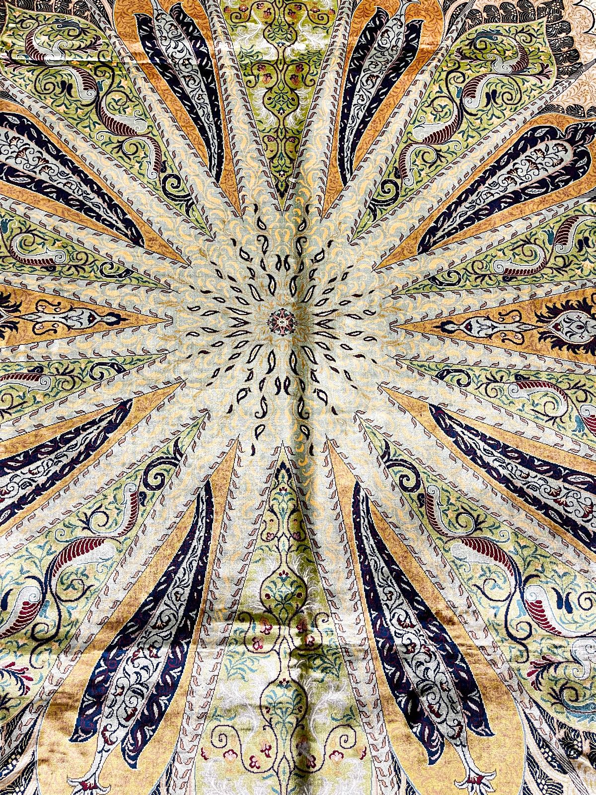 7x10 Green and Navy Turkish Silk Rug