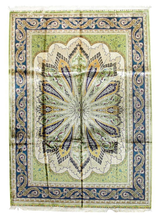 7x10 Green and Navy Turkish Silk Rug