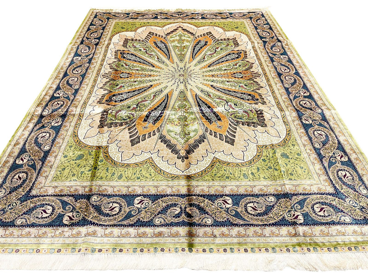 7x10 Green and Navy Turkish Silk Rug