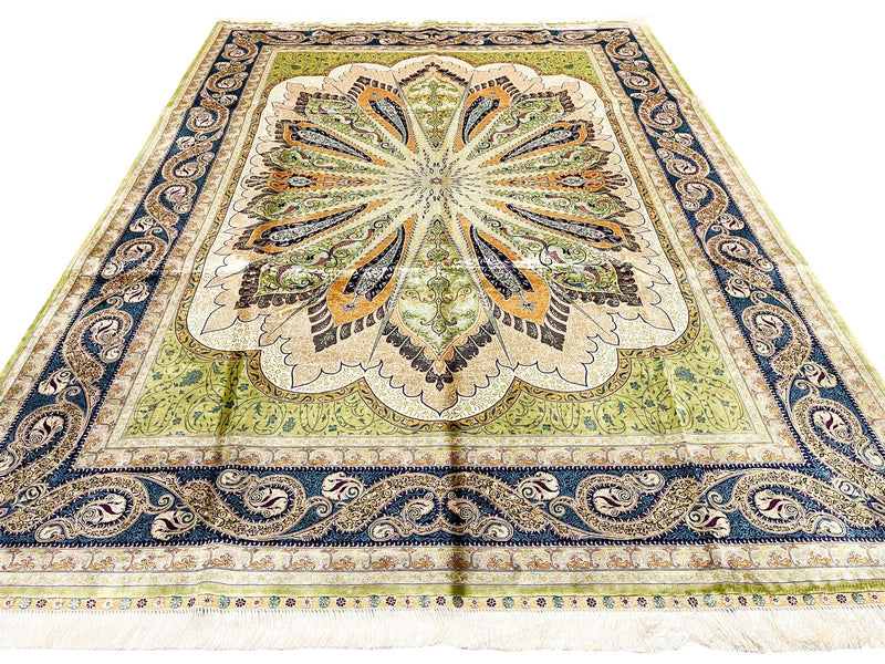 7x10 Green and Navy Turkish Silk Rug