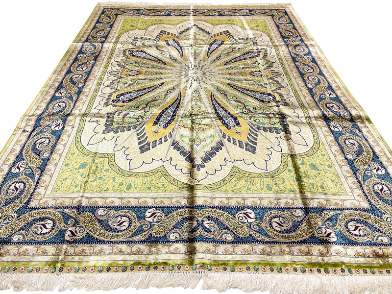 7x10 Green and Navy Turkish Silk Rug