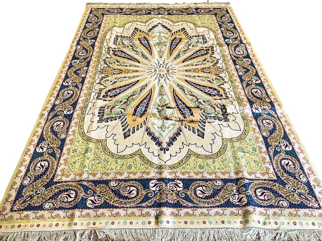 7x10 Green and Navy Turkish Silk Rug