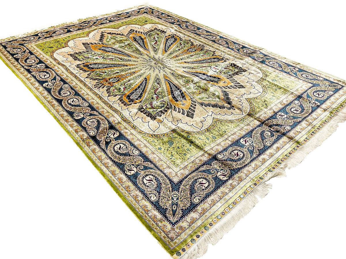 7x10 Green and Navy Turkish Silk Rug