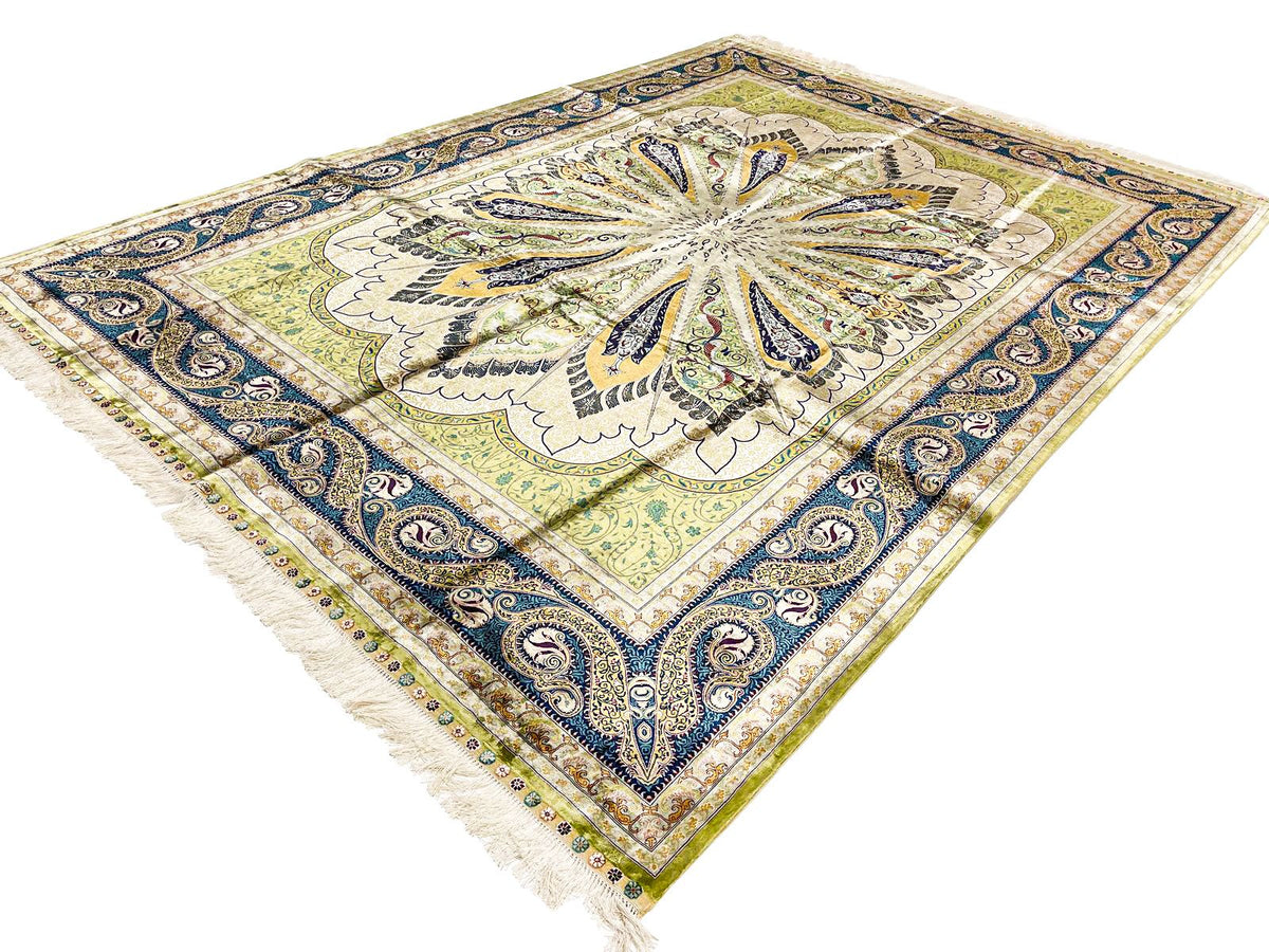 7x10 Green and Navy Turkish Silk Rug