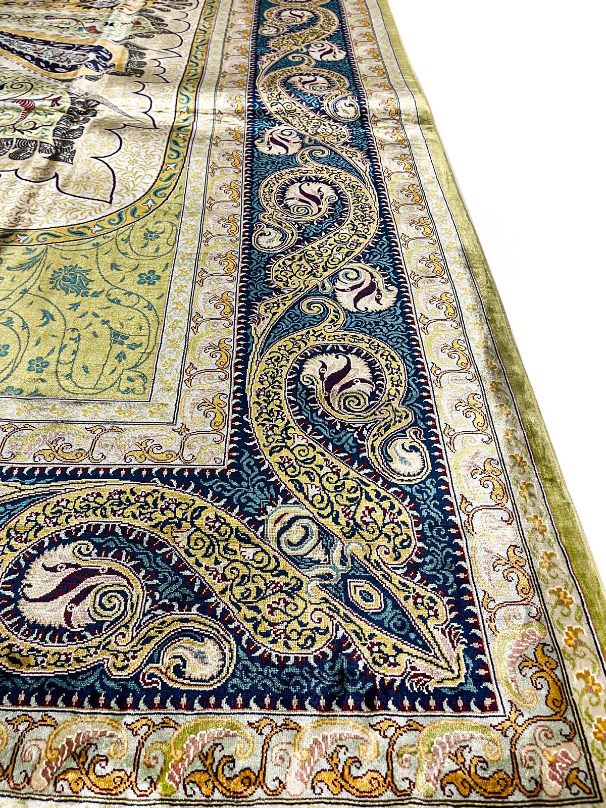 7x10 Green and Navy Turkish Silk Rug