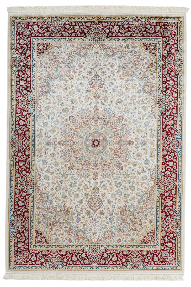 7x10 Ivory and Red Turkish Antep Rug