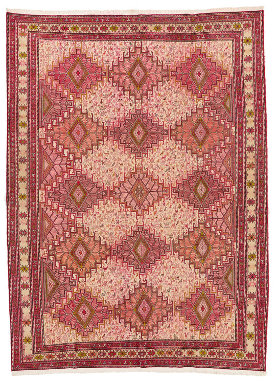 7x10 Ivory and Red Turkish Patchwork Rug