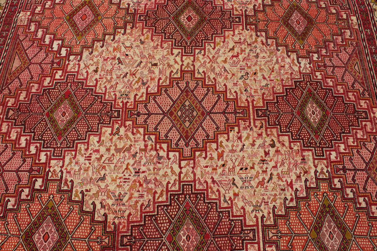 7x10 Ivory and Red Turkish Patchwork Rug