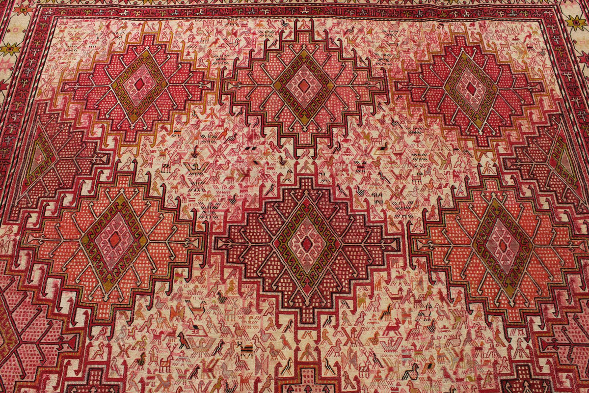 7x10 Ivory and Red Turkish Patchwork Rug