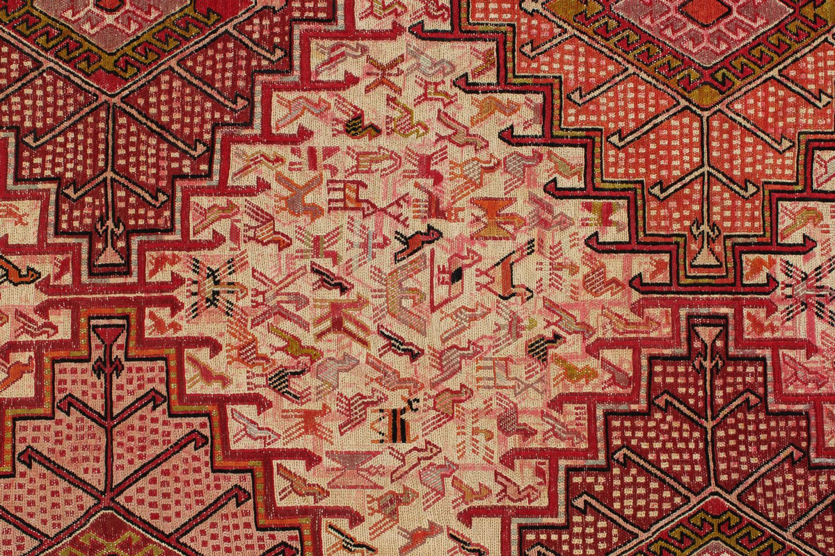 7x10 Ivory and Red Turkish Patchwork Rug
