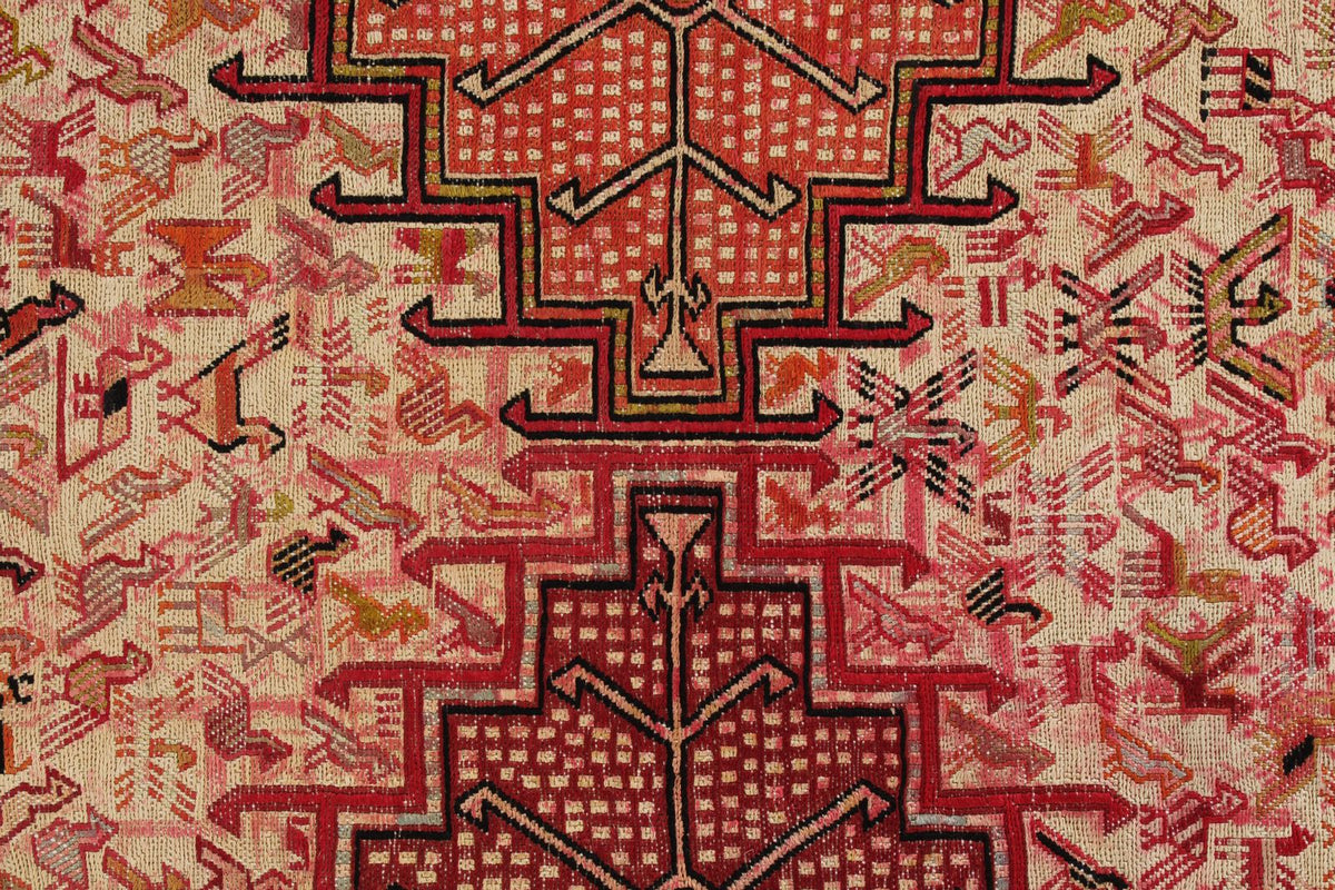 7x10 Ivory and Red Turkish Patchwork Rug