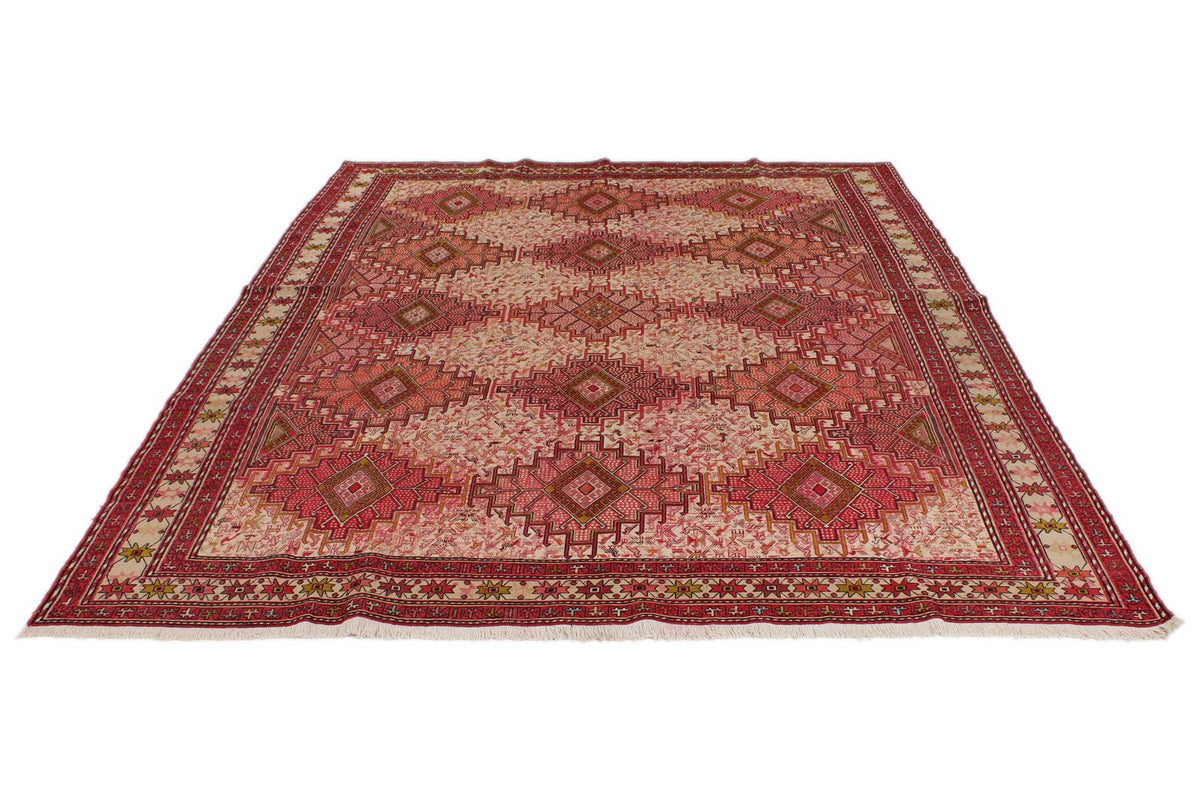 7x10 Ivory and Red Turkish Patchwork Rug