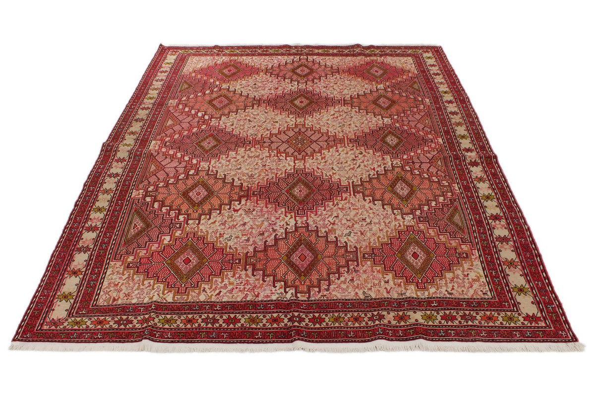 7x10 Ivory and Red Turkish Patchwork Rug