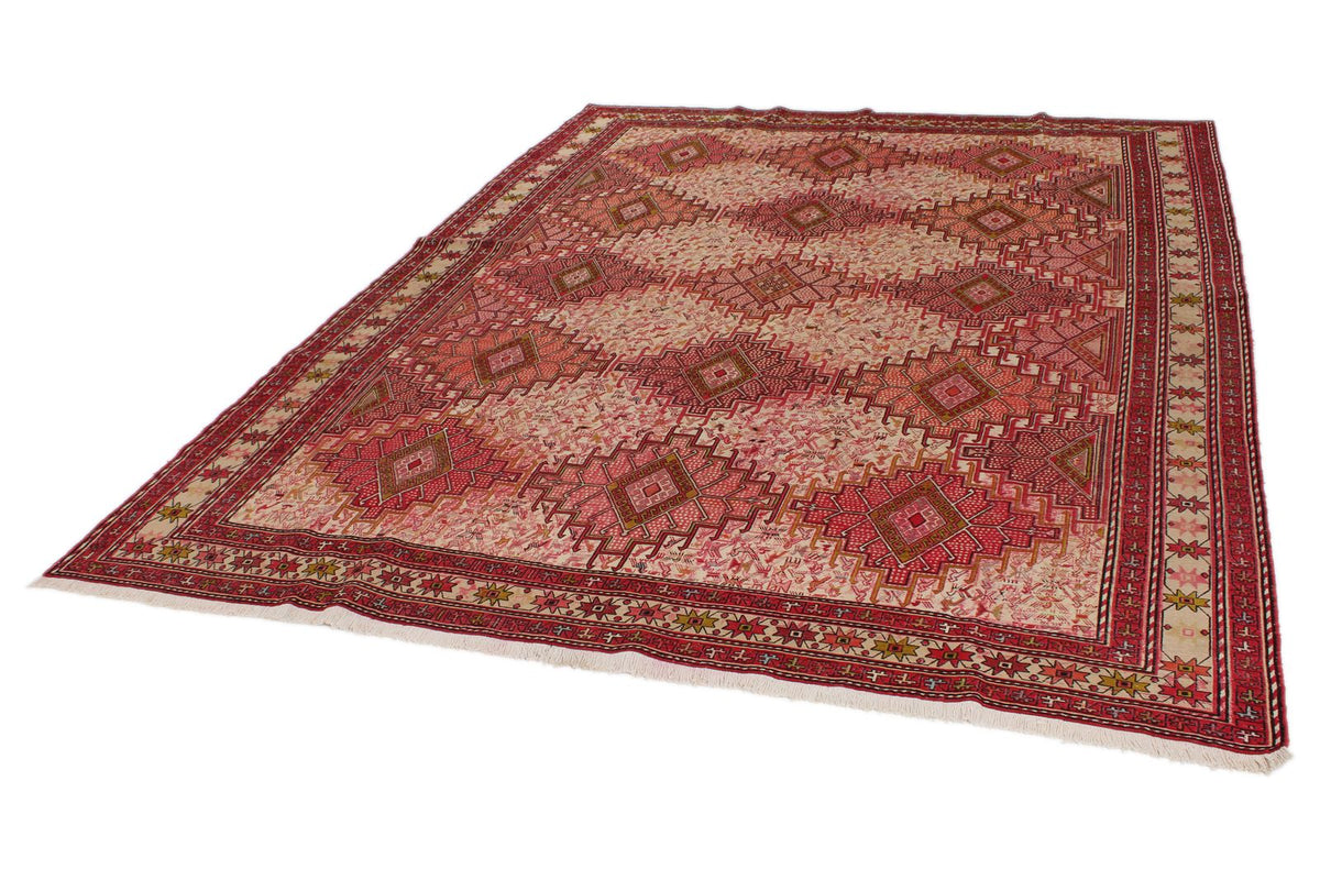 7x10 Ivory and Red Turkish Patchwork Rug