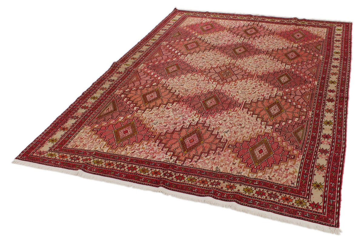 7x10 Ivory and Red Turkish Patchwork Rug