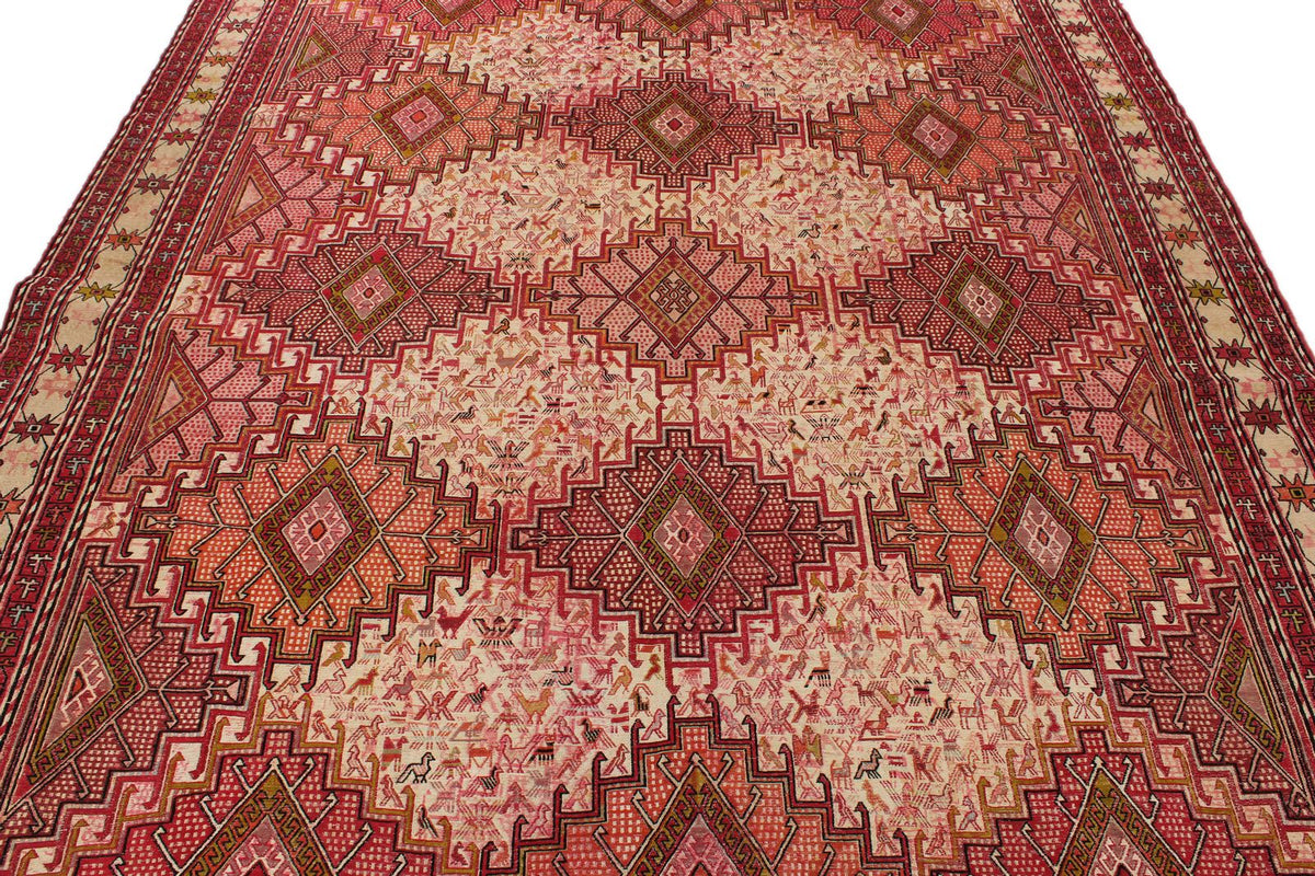 7x10 Ivory and Red Turkish Patchwork Rug