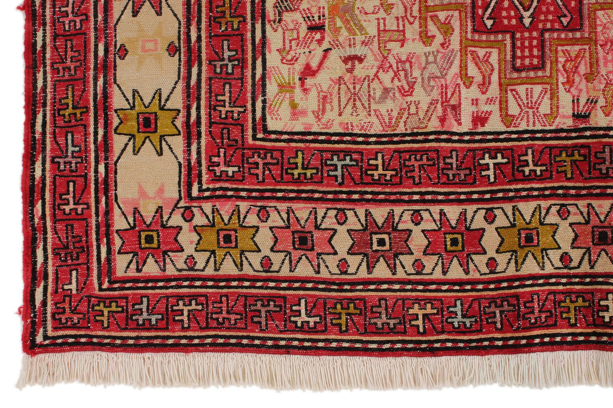 7x10 Ivory and Red Turkish Patchwork Rug
