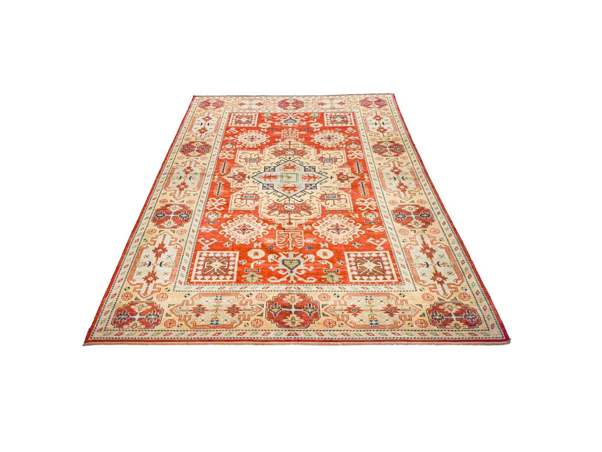6x9 Red and Ivory Kazak Tribal Rug