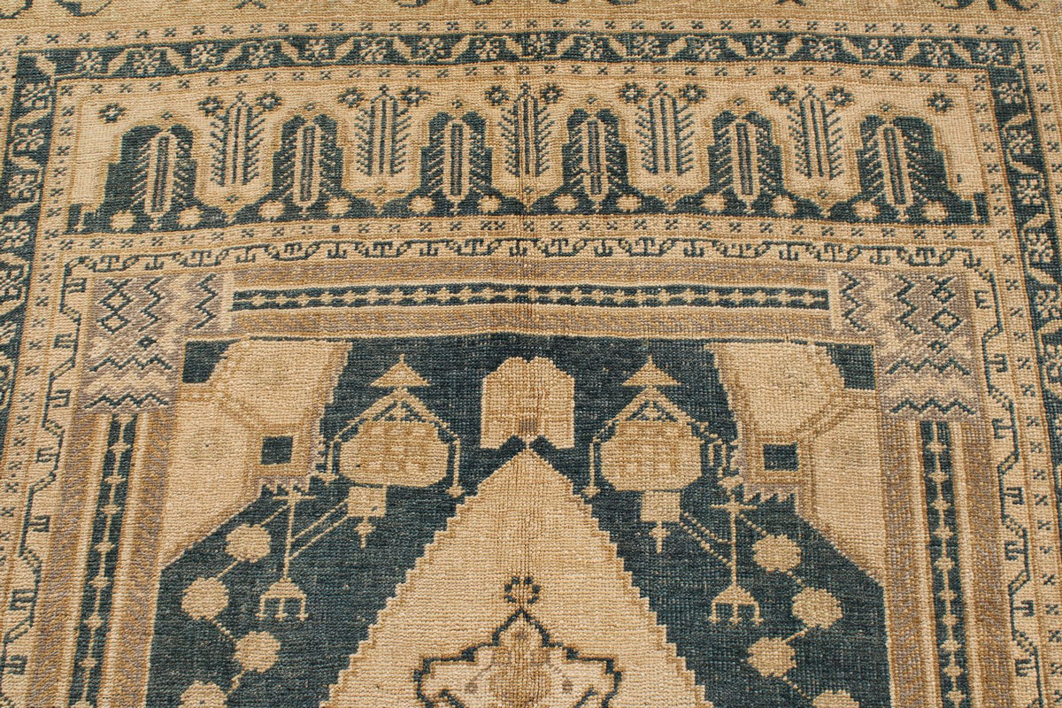 6x11 Blue and Ivory Turkish Tribal Rug