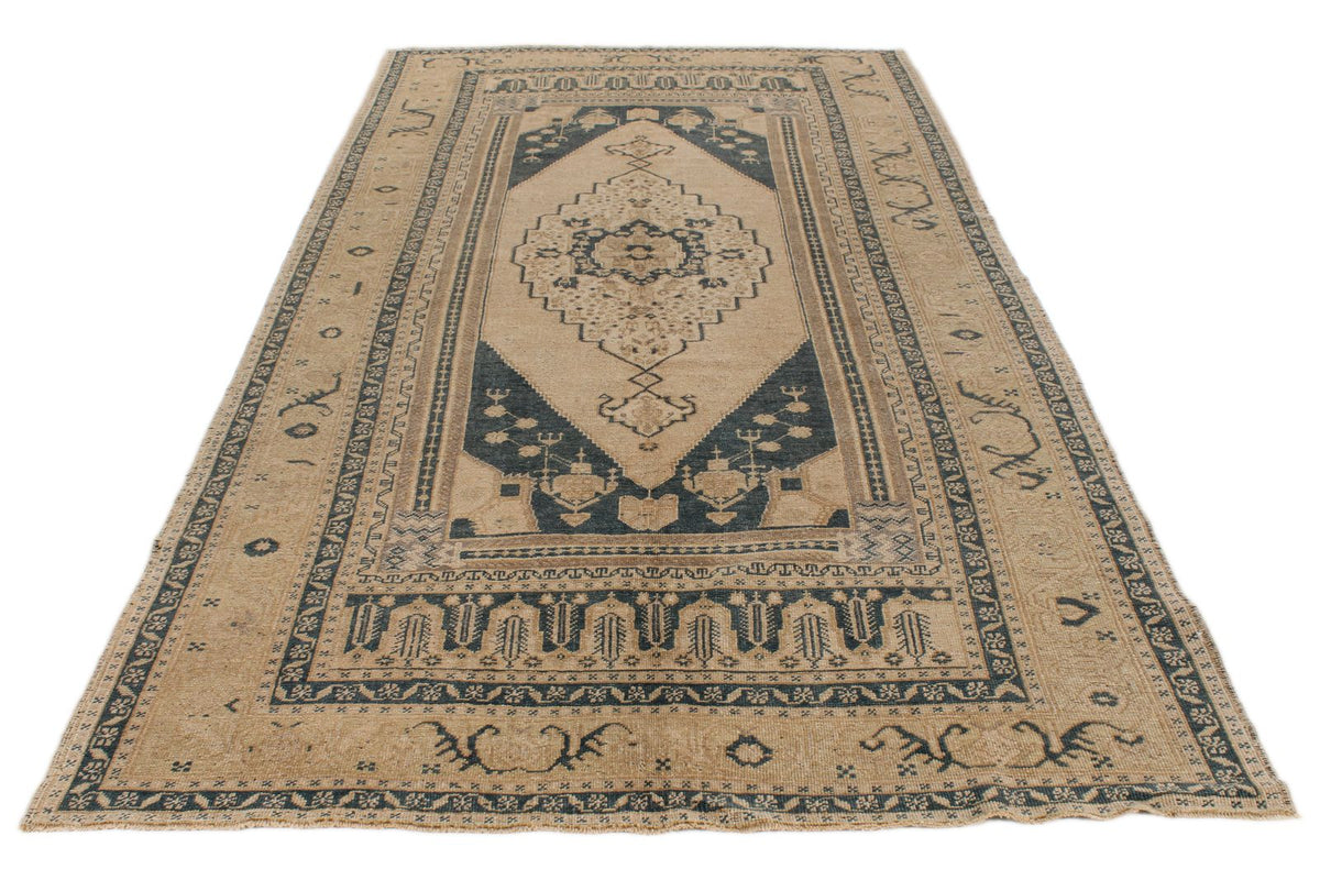 6x11 Blue and Ivory Turkish Tribal Rug
