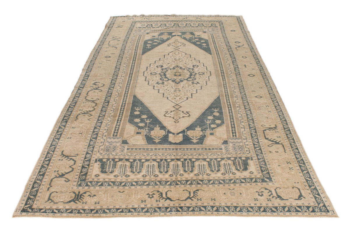6x11 Blue and Ivory Turkish Tribal Rug