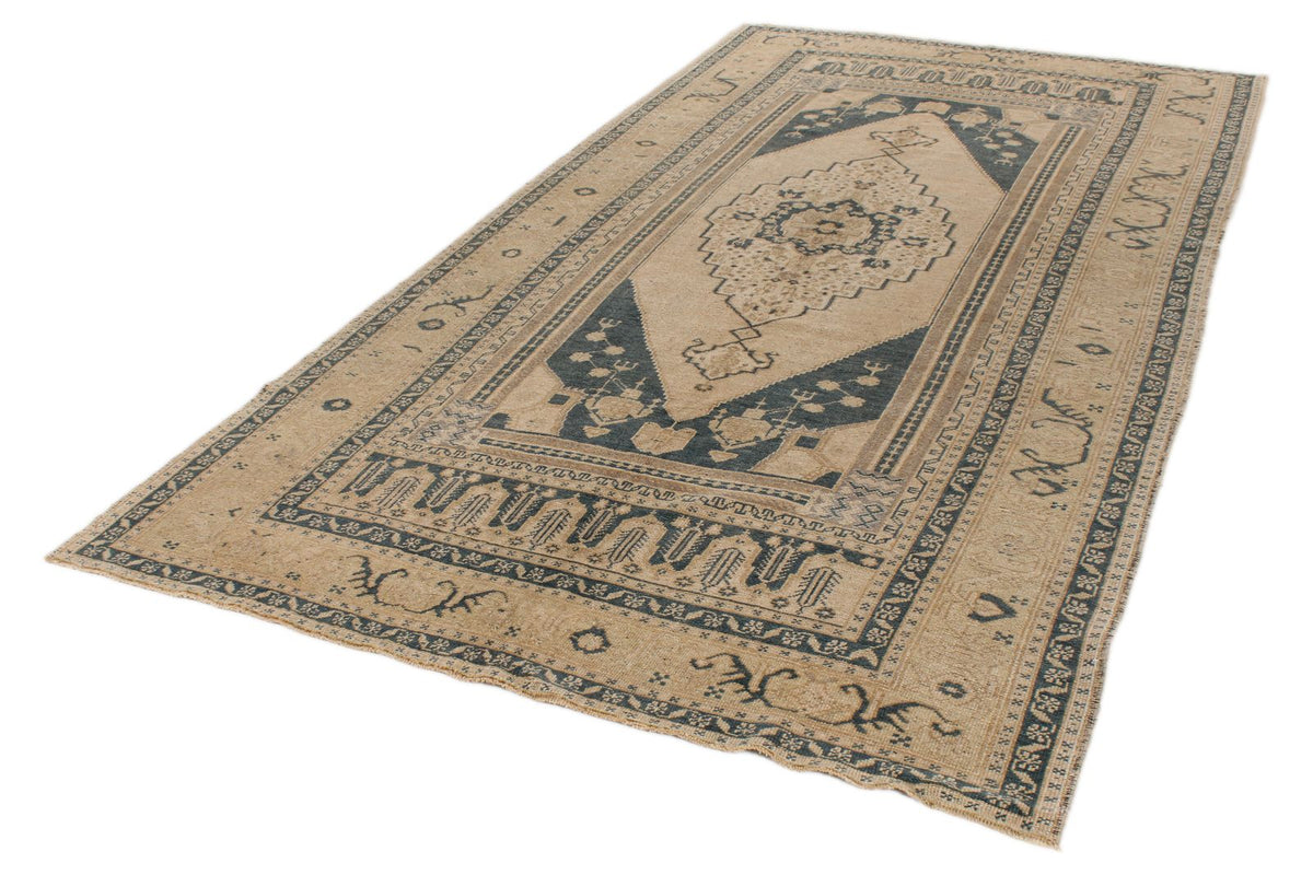 6x11 Blue and Ivory Turkish Tribal Rug