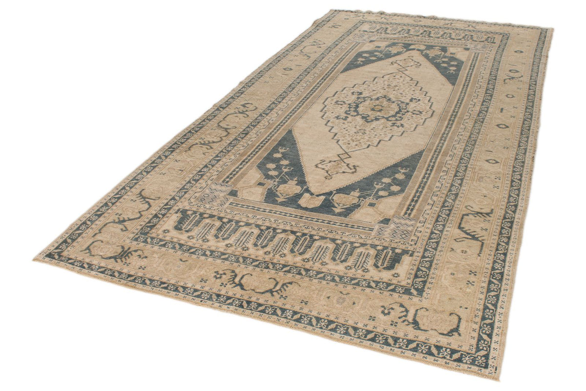 6x11 Blue and Ivory Turkish Tribal Rug