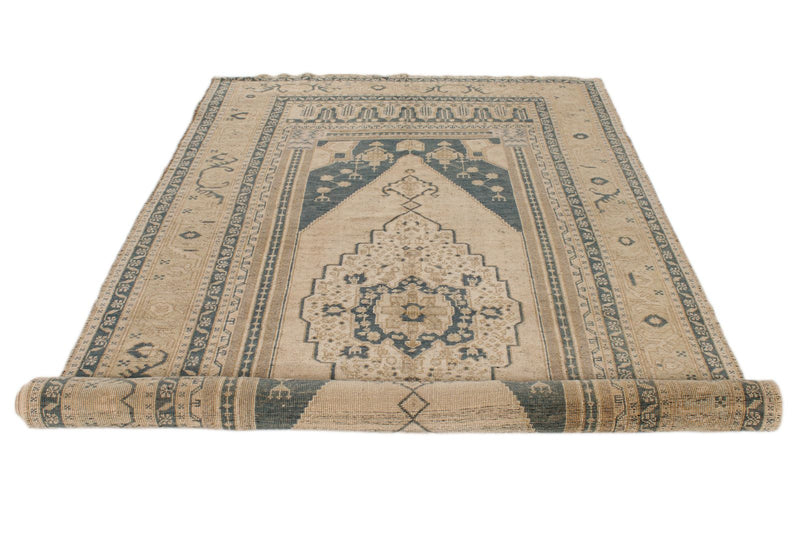 6x11 Blue and Ivory Turkish Tribal Rug