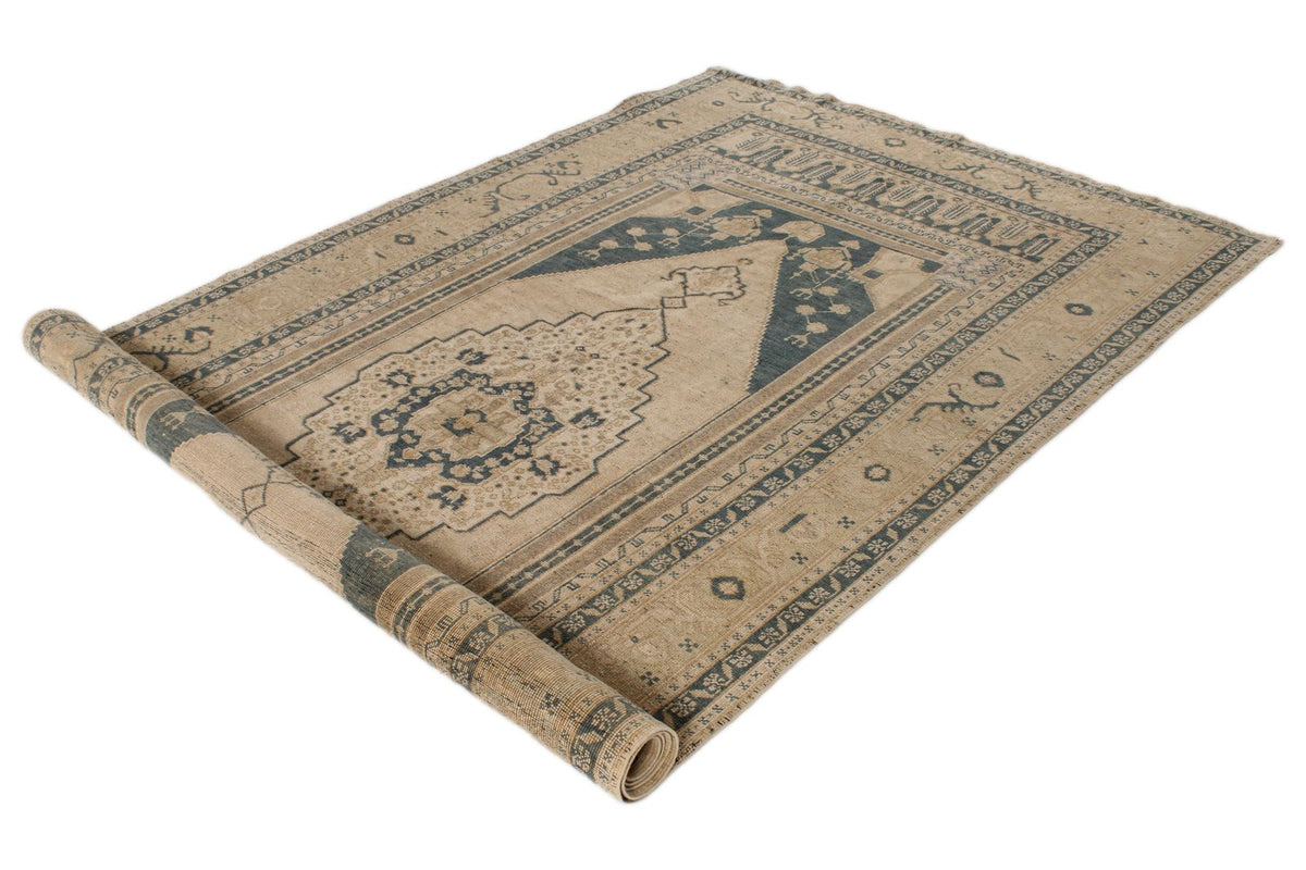 6x11 Blue and Ivory Turkish Tribal Rug