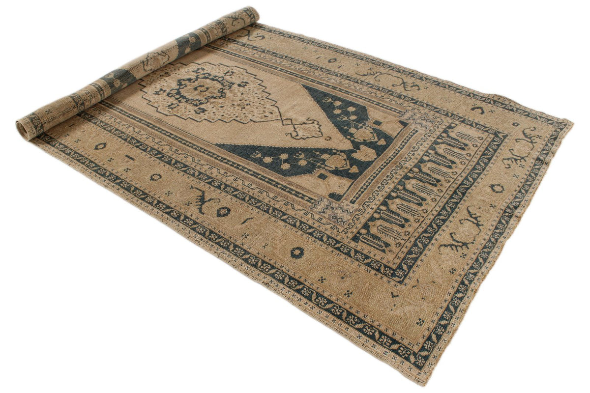 6x11 Blue and Ivory Turkish Tribal Rug