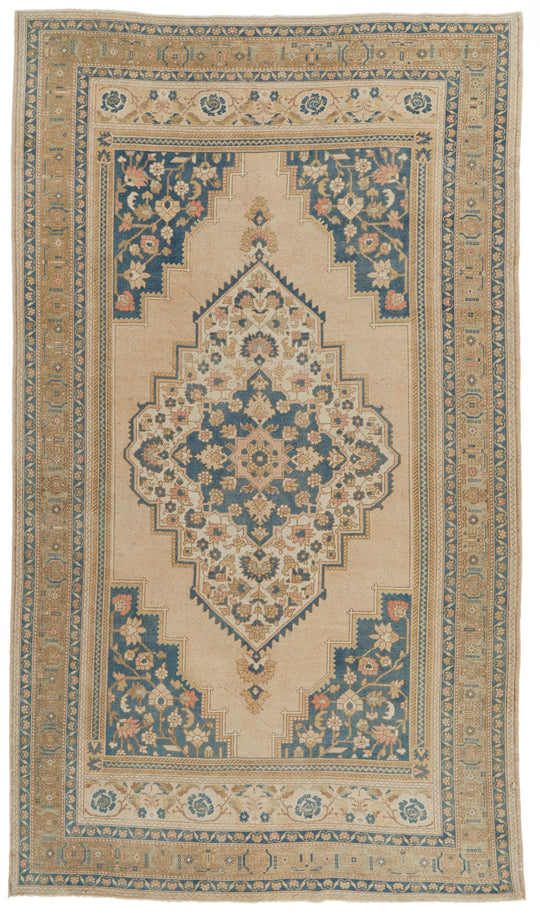 7x12 Blue and Ivory Turkish Tribal Rug