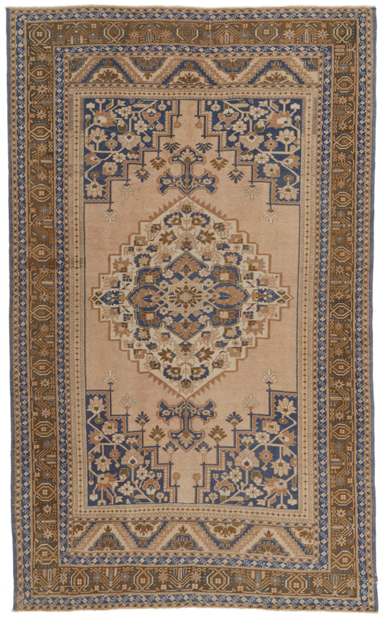 6x10 Beige and Blue Turkish Tribal Rug