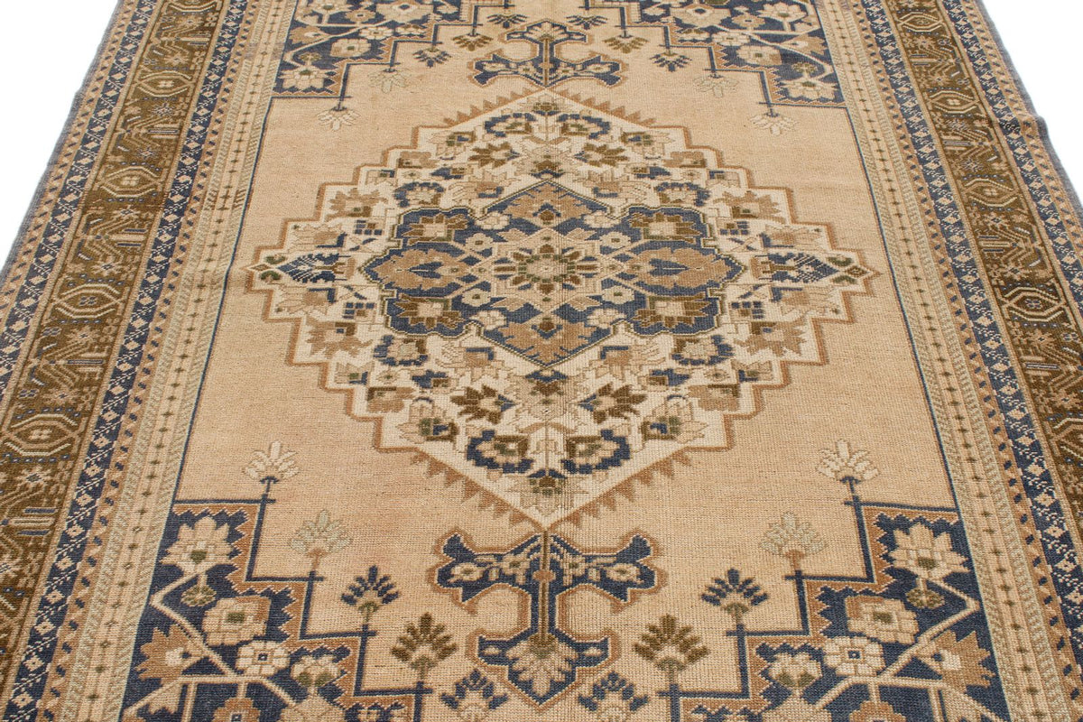 6x10 Beige and Blue Turkish Tribal Rug