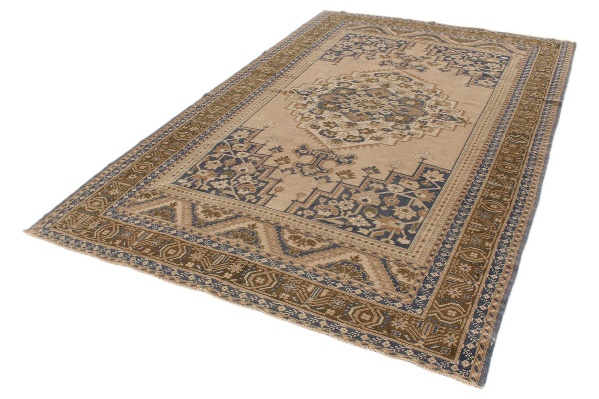 6x10 Beige and Blue Turkish Tribal Rug