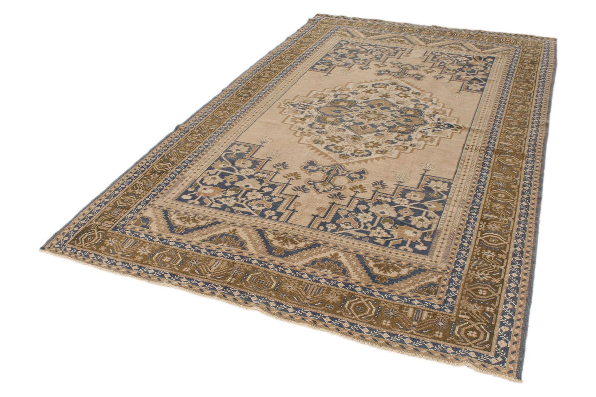 6x10 Beige and Blue Turkish Tribal Rug