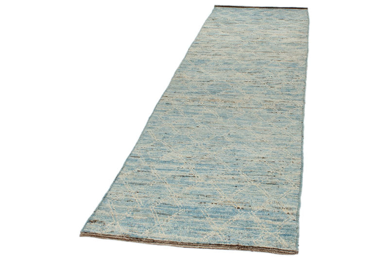 3x9 Blue and Ivory Modern Contemporary Runner