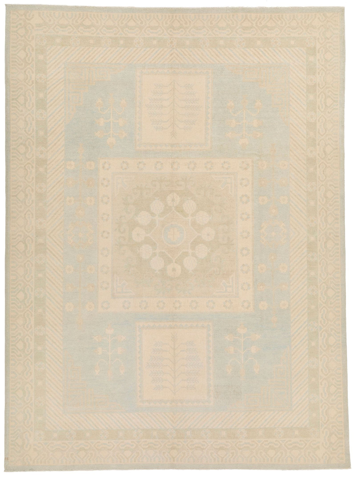 9x12 Light Blue and Ivory Turkish Tribal Rug