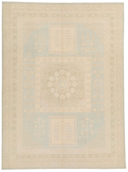 9x12 Light Blue and Ivory Turkish Tribal Rug