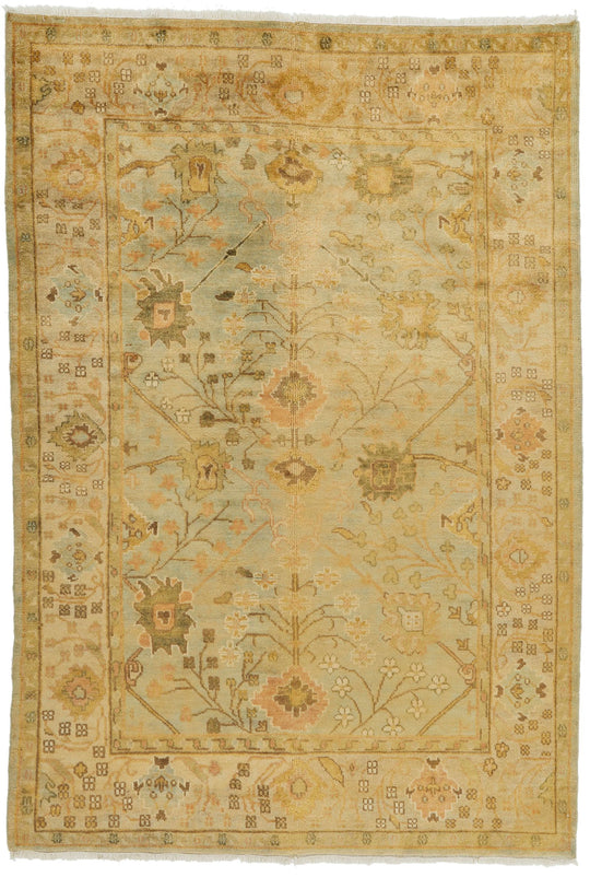 6x9 Blue and Ivory Turkish Oushak Rug