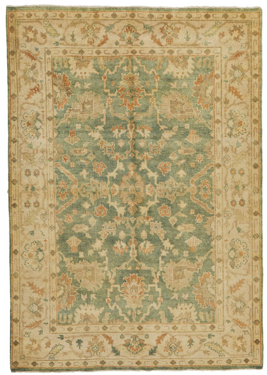 6x9 Green and Beige Turkish Oushak Rug