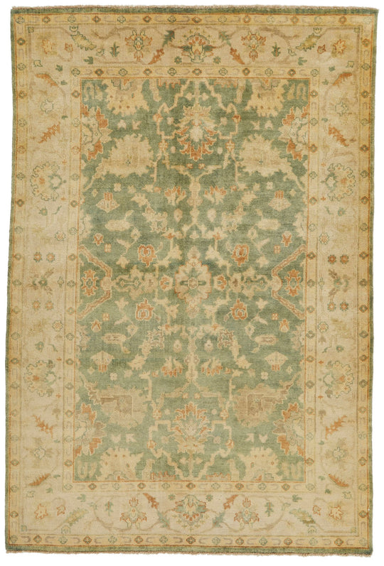 6x9 Green and Ivory Turkish Oushak Rug