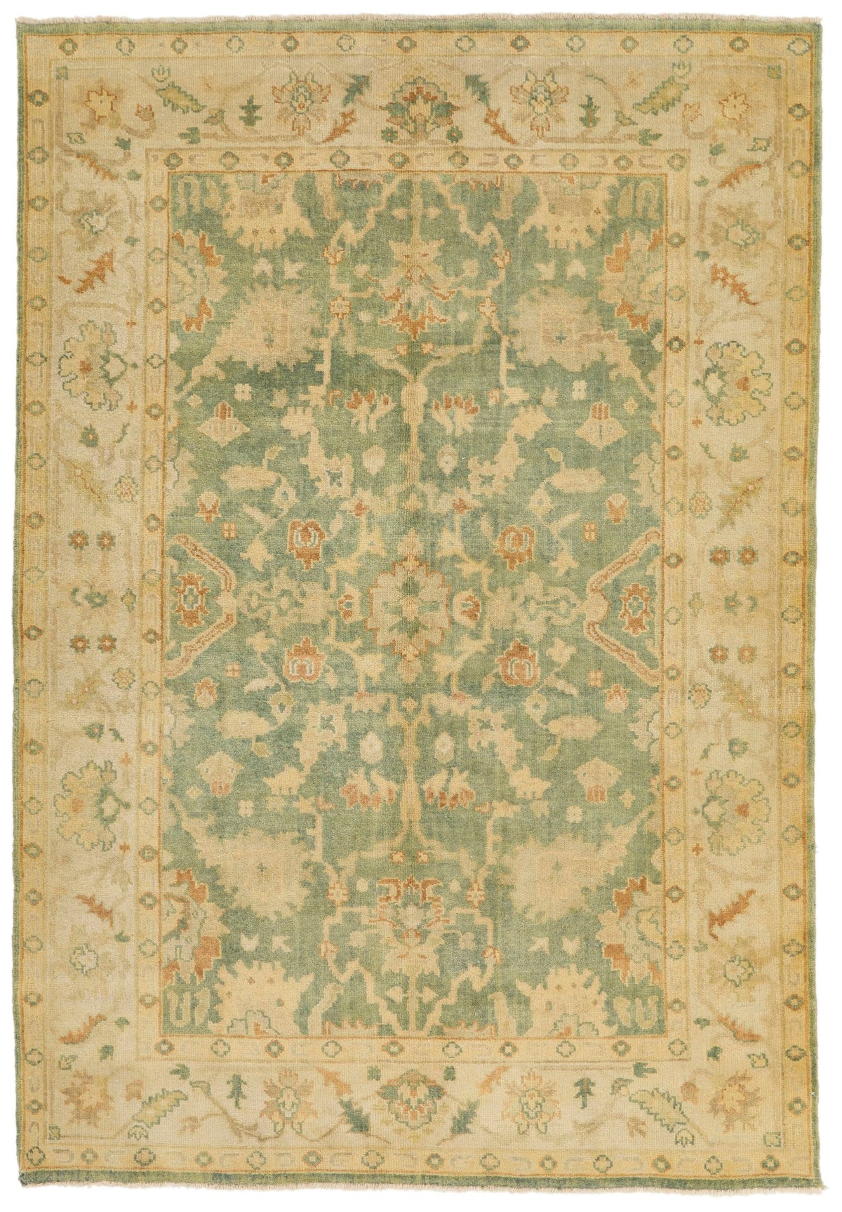 6x9 Green and Ivory Turkish Oushak Rug