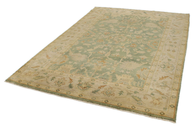 6x9 Green and Ivory Turkish Oushak Rug