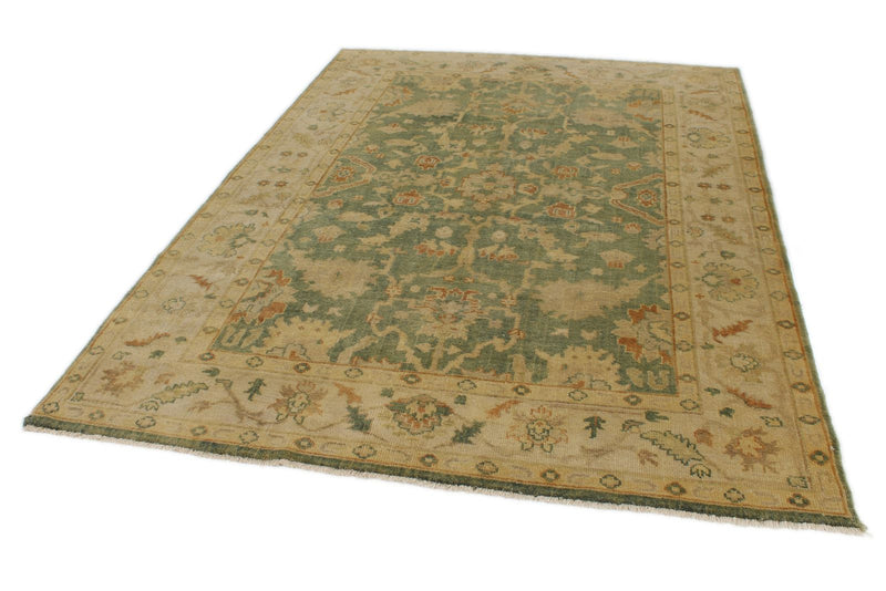6x9 Green and Ivory Turkish Oushak Rug