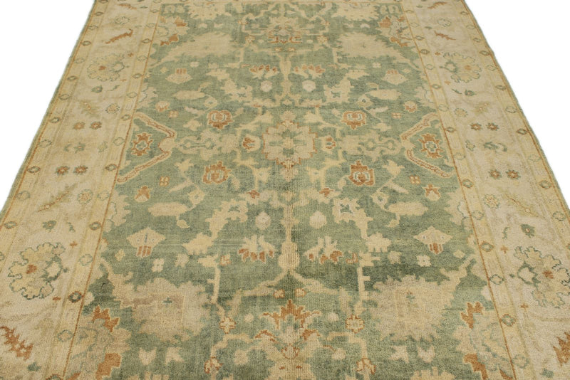 6x9 Green and Ivory Turkish Oushak Rug