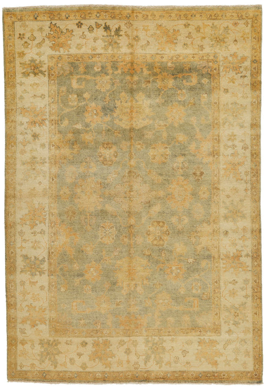 6x9 Blue and Ivory Turkish Oushak Rug