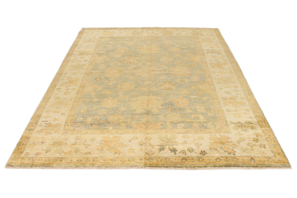 6x9 Blue and Ivory Turkish Oushak Rug
