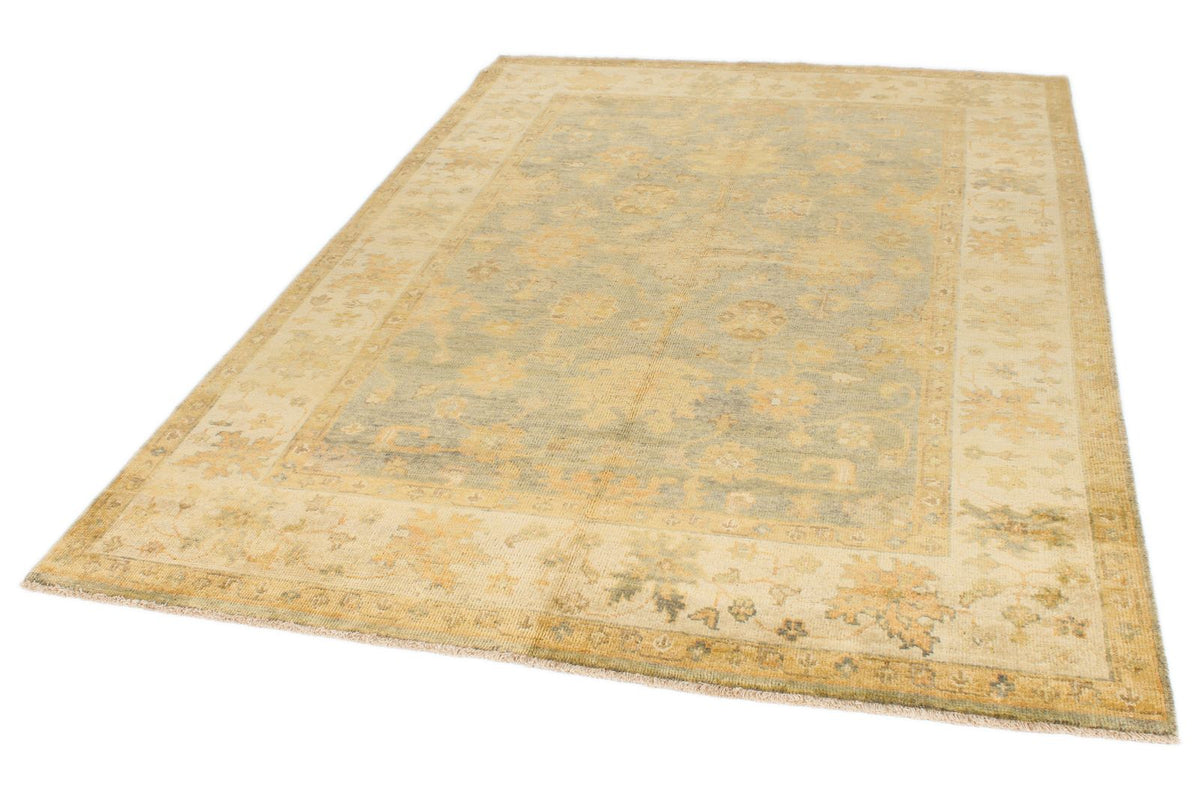 6x9 Blue and Ivory Turkish Oushak Rug
