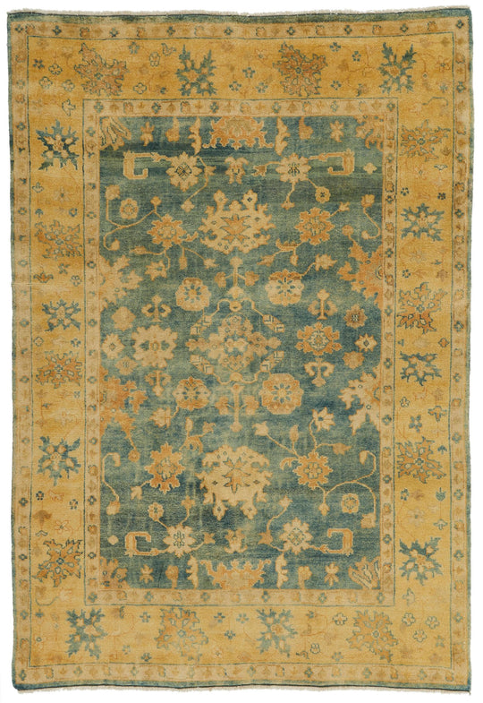 6x9 Green and Beige Turkish Oushak Rug