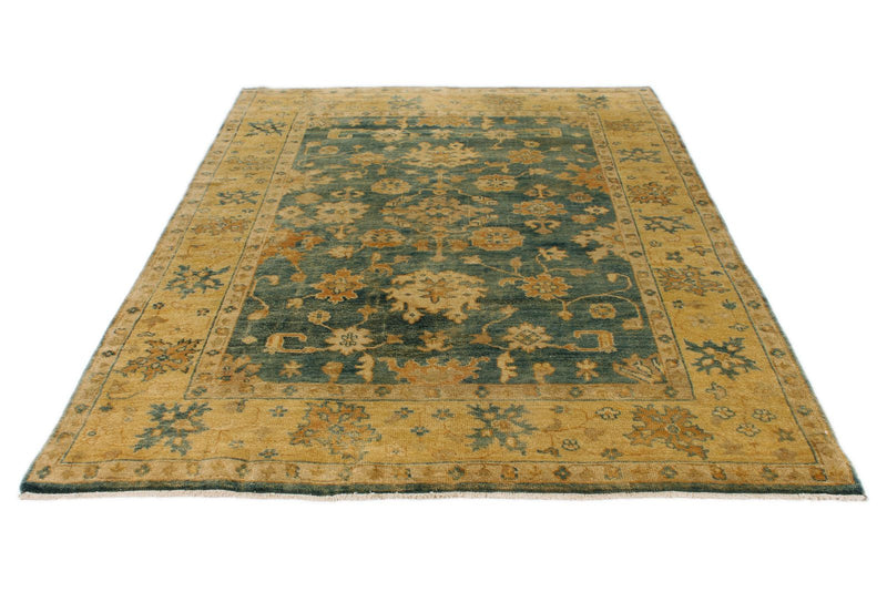 6x9 Green and Beige Turkish Oushak Rug